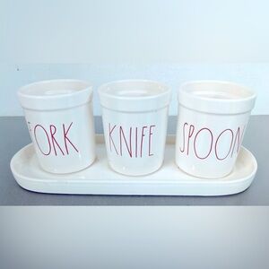 RAE DUNN ceramic kitchen/dining utensil holders 4 piece set FORK KNIFE SPOON red
